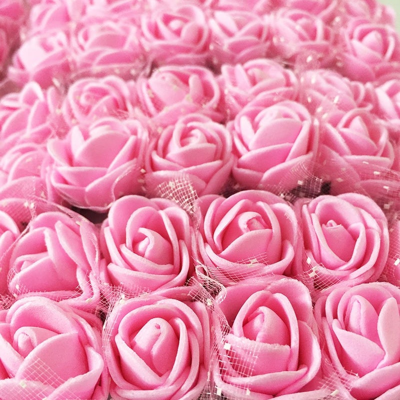 Artfen Mini Fake Rose Flower Heads 144pcs Mini Artificial Roses DIY Wedding Flowers Accessories Make Bridal Hair Clips Headbands Dress (Bottom add Gauze) Pink - Image 2